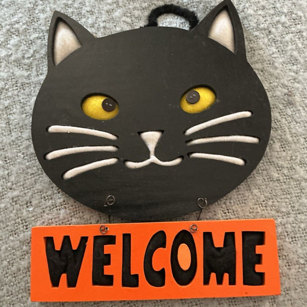 Vintage 2004 Target Halloween Black Cat Welcome Hanging Wood Sign Folk Art